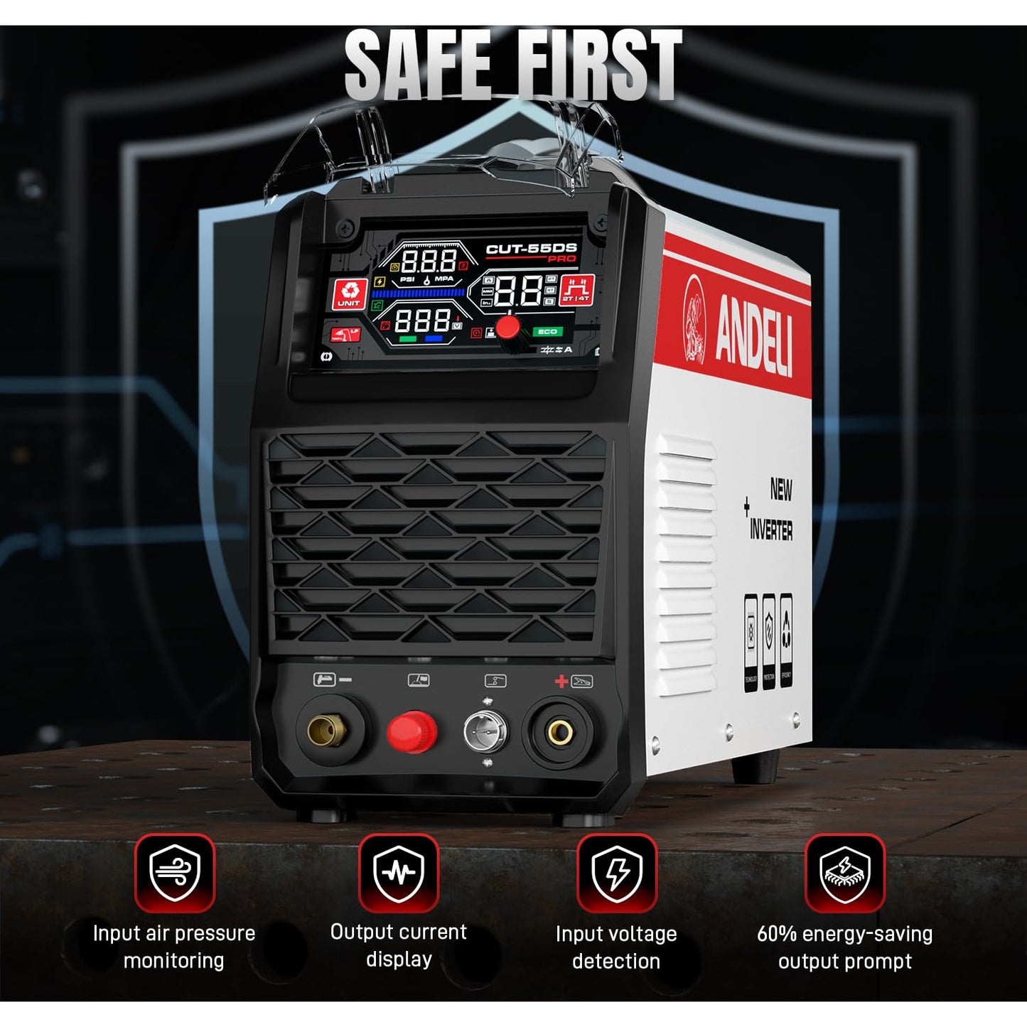 ANDELI Plasma Cutter 55A,Non-HF Non-Touch Pilot Arc，1'' Max Cut, 4-in-1 Plate Cutting/Grid Cutting/Gouging/Marking，Upgraded LED Display,Post Flow/2T/4T,110/220V IGBT Inverter for Home, Workshop