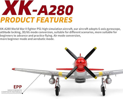 GoolRC WLtoys XK A280 RC Airplane 2.4GHz 4 Channel Brushless Remote Control Plane for Adults RC Aircraft Fighter with 6-Axis Gyro 3D/6G Mode and LED Searchlight Easy to Fly for Beginners