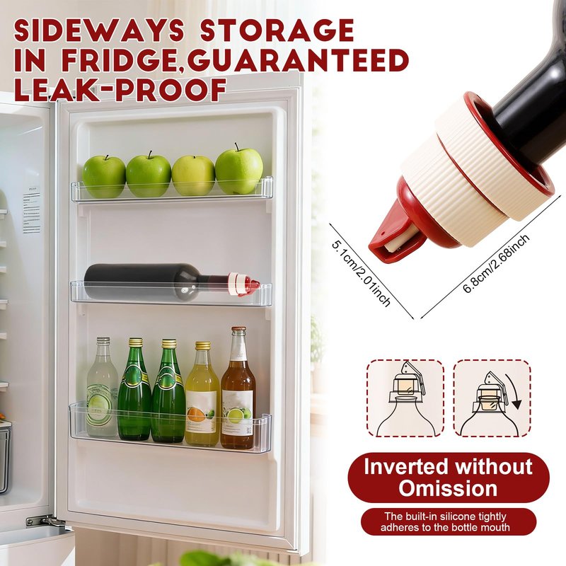 Vacuum Wine Stopper with Date Marker, Lever-Lock Wine Saver, 100% Leak-Proof Airtight Seal for Horizontal Fridge Storage, Reusable Wine Bottle Topper Gift for Wine Lovers (Red)