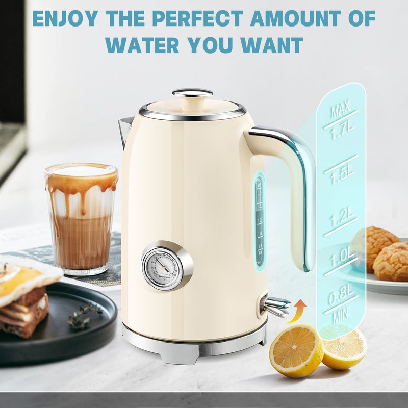 SUSTEAS Electric Kettle - 57oz Hot Tea Water Boiler with Thermometer, 1500W Fast Heating Stainless Steel Pot, Cordless LED Indicator, Auto Shut-Off & Boil Dry Protection, Red