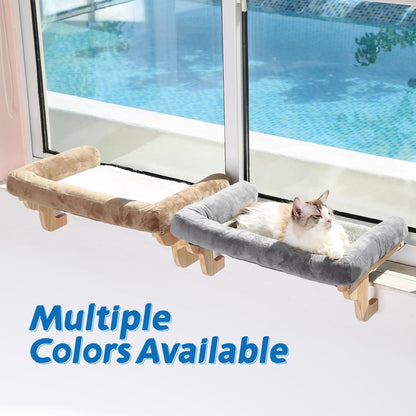 Zakkart Cat Perch for Window Sill with Bolster - Orthopedic Hammock Design with Premium Hardwood & Robust Metal Frame - Cat Window Seat for Large Cats and Kittens - Natural Color Wood with Gray Bed