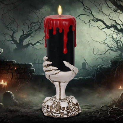 Lasumora Halloween Decorations Black Flameless Candles with 6H Timer, Battery Operated Candles with Skull Hand Candle Holder, Real Wax Dripping Halloween Candle Spooky Halloween Decor Indoor