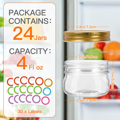 Mcupper 4 oz Mason Jars With Gold Lids, 24 Pack Regular Mouth Canning Jars for Jam, Honey, Yogurt, Spices, Snacks, DIY Projects, Wedding Favors- Includes 30 Stickers