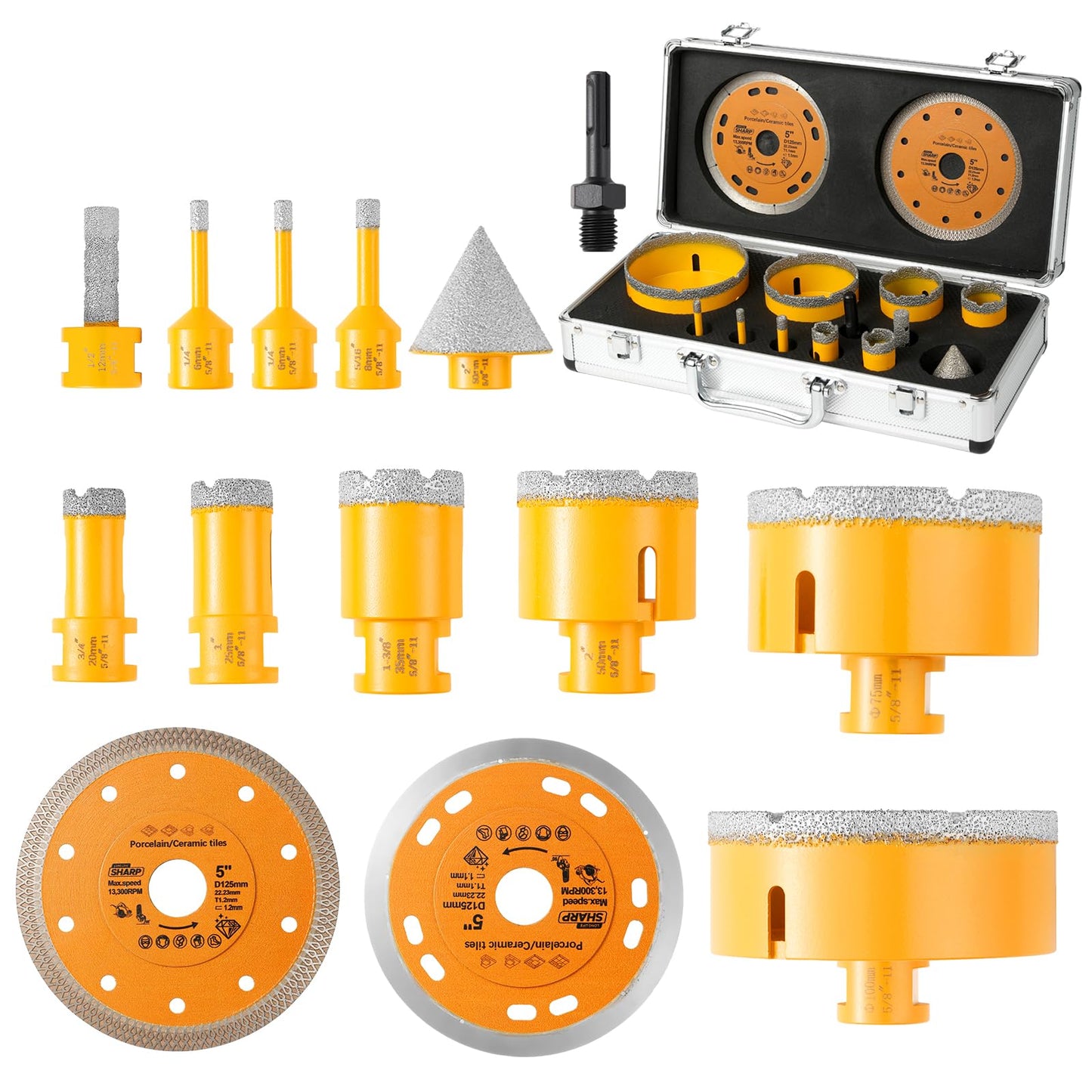 14Pcs Diamond Tile Hole Saw Kit,6/6/8/20/25/35/50/75/100MM Core Drill Bits Set with 2" Chamfer Bits and 4.9" Diamond Blades for Marble Ceramic Porcelain Tile