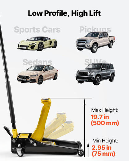 VEVOR Low Profile Floor Jack, 3 Ton (6614 lbs) Capacity, Steel Racing Floor Jack with Dual Pistons Quick Lift Pump & SUV Adapter, Hydraulic Trolley Car Lift for Sports Cars, Lifting Range 2.95"-19.7"