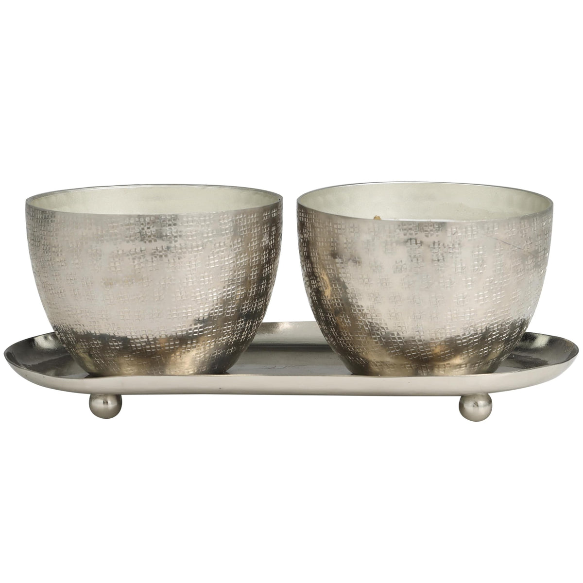 Deco 79 Metal Decorative Candle Campfire Scented Grid Patterned 10 oz 1 Wick Aromatherapy Candle with White Wax, Set of 2 Wax Aromatherapy Candle 10" W, 4" H, Silver