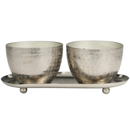 Deco 79 Metal Decorative Candle Campfire Scented Grid Patterned 10 oz 1 Wick Aromatherapy Candle with White Wax, Set of 2 Wax Aromatherapy Candle 10" W, 4" H, Silver