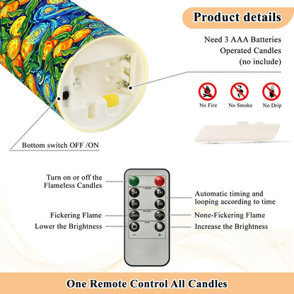 Gravopti Oil Painting 2 Pack Flameless LED Pillar Candles with Remote & Timer, Battery Operated, Flickering Wax Candle for Wedding, Romantic Home & Party Decor