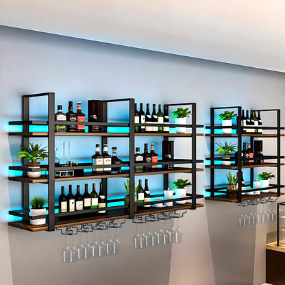 amhricho Wine Rack Wall Mounted with LED Lights, 3 Tier Metal Liquor Floating Display Shelves, with Wine Glass Rack, Iron & Wood Industrial Wall Wine Rack, for Bar, Kitchen, Cafe (Black, 39.4in)