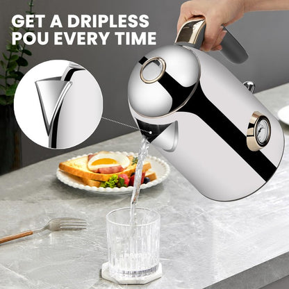 SUSTEAS Electric Kettle - 57oz Hot Tea Water Boiler with Thermometer, 1500W Fast Heating Stainless Steel Pot, Cordless LED Indicator, Auto Shut-Off & Boil Dry Protection, Glossy Silver