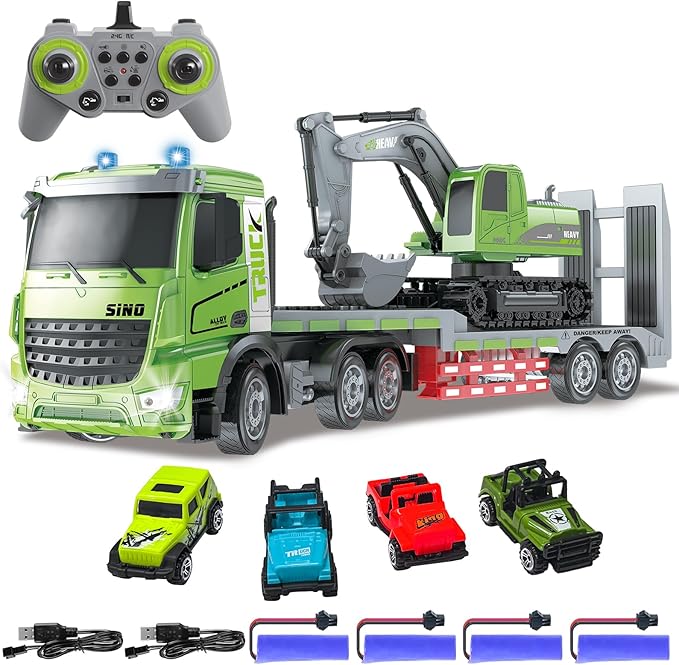 Fistone RC Semi-Trailer Truck &amp Excavator Toy Set 1:12 Scale with Sound and Lights 11CH 2.4Ghz Remote Control Flatbed Truck and Excavator Toys Great Gift for Kids Boys