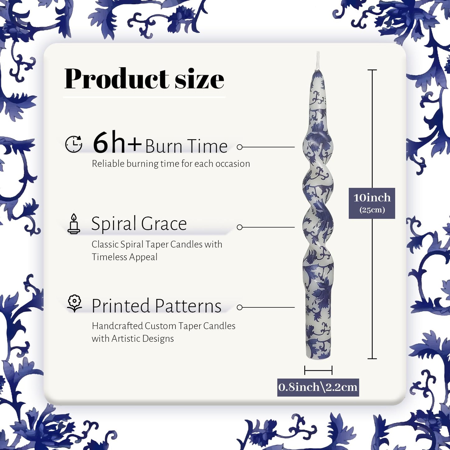 Unscented Floral Taper Candle Spiral Candlesticks Blue and White Printed Twisted Candle Handmade 10 Inch Long Candle Sticks for Home Dinner Gifts,4Pcs