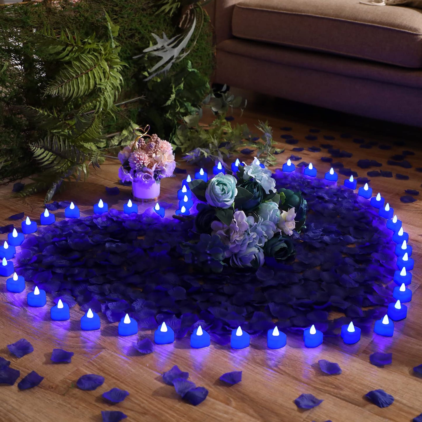 Coume 6000 Pieces Artificial Rose Petal 72 Pieces LED Tealights Candle, Romantic Decorations Special Night Rose Petal Heart Candle for Valentines Wedding Anniversary Proposal Decor(Blue Light)