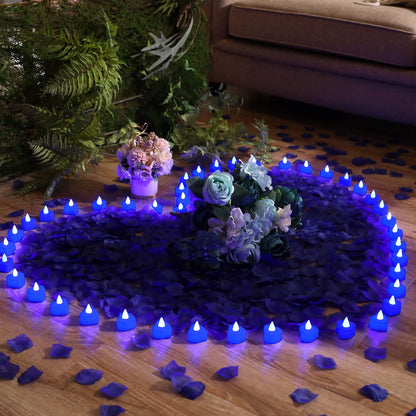 Coume 6000 Pieces Artificial Rose Petal 72 Pieces LED Tealights Candle, Romantic Decorations Special Night Rose Petal Heart Candle for Valentines Wedding Anniversary Proposal Decor(Blue Light)