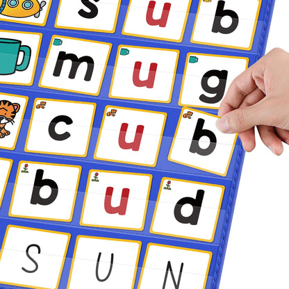 ABCxGOOD CVC Word Building Pocket Charts with 64 Phonics Flash Cards Kindergarten Classroom Must Haves, CVC Literacy Games for Beginners in Reading and Spelling.