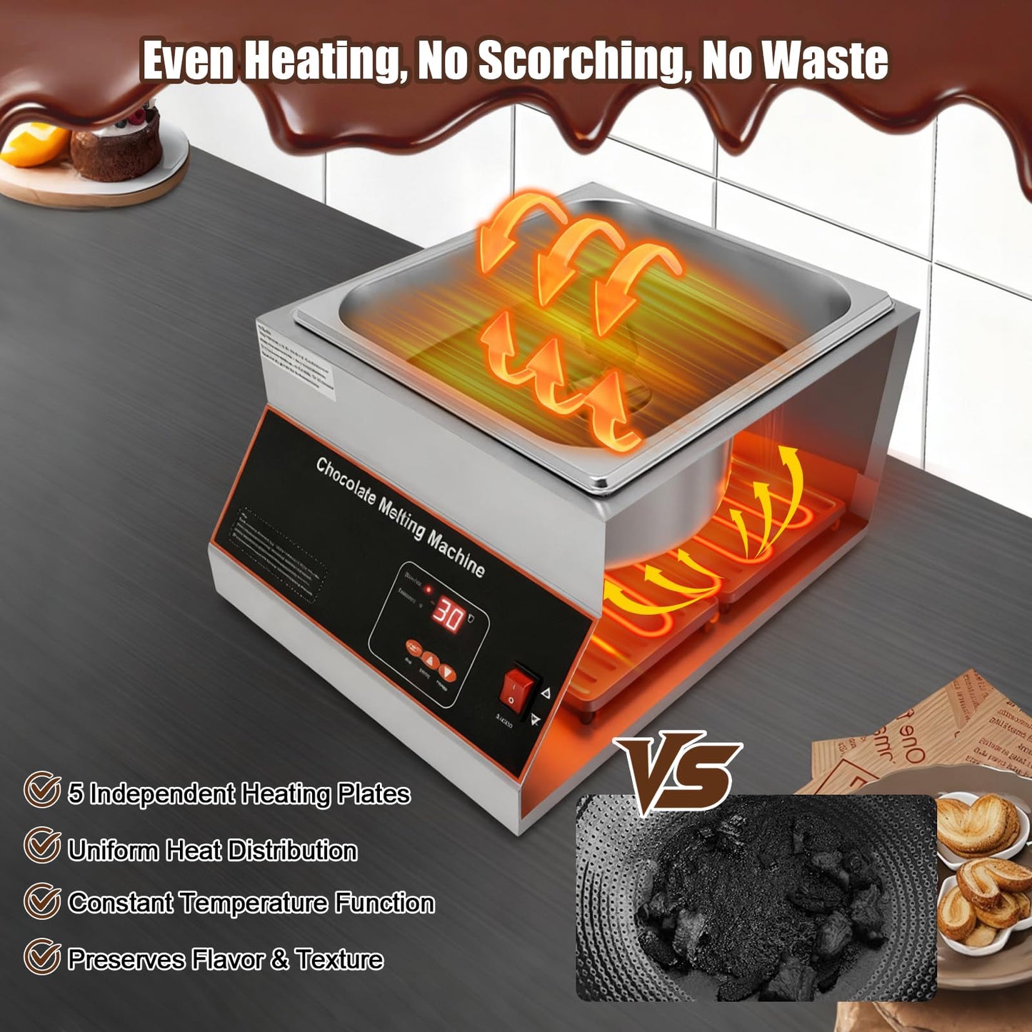 Headery Chocolate Tempering Machine, 26.46 lbs Commercial Chocolate Melting Pot, 500W 32-203°F Stainless Steel Food Warmer with Lid for Chocolate/Milk/Cream Melting and Heating (One Pots)
