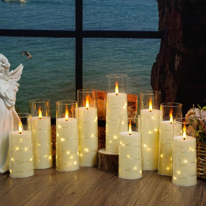 Nimiko Flickering Flameless LED Candles,Battery Operated Candles 9 Pcs with Embedded Star String,Acrylic LED Pillar Candles with Remote,Suitable for Home Decoration to Create an Atmosphere (Ivory)