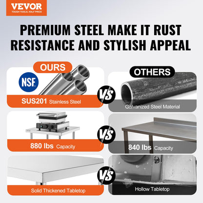 VEVOR Stainless Steel Prep Table, 24 x 72 x 34 Inch, 880 lbs Load Capacity, Heavy Duty Metal Worktable with 3 Adjustable Height Levels, Commercial Workstation for Kitchen Garage Restaurant Backyard