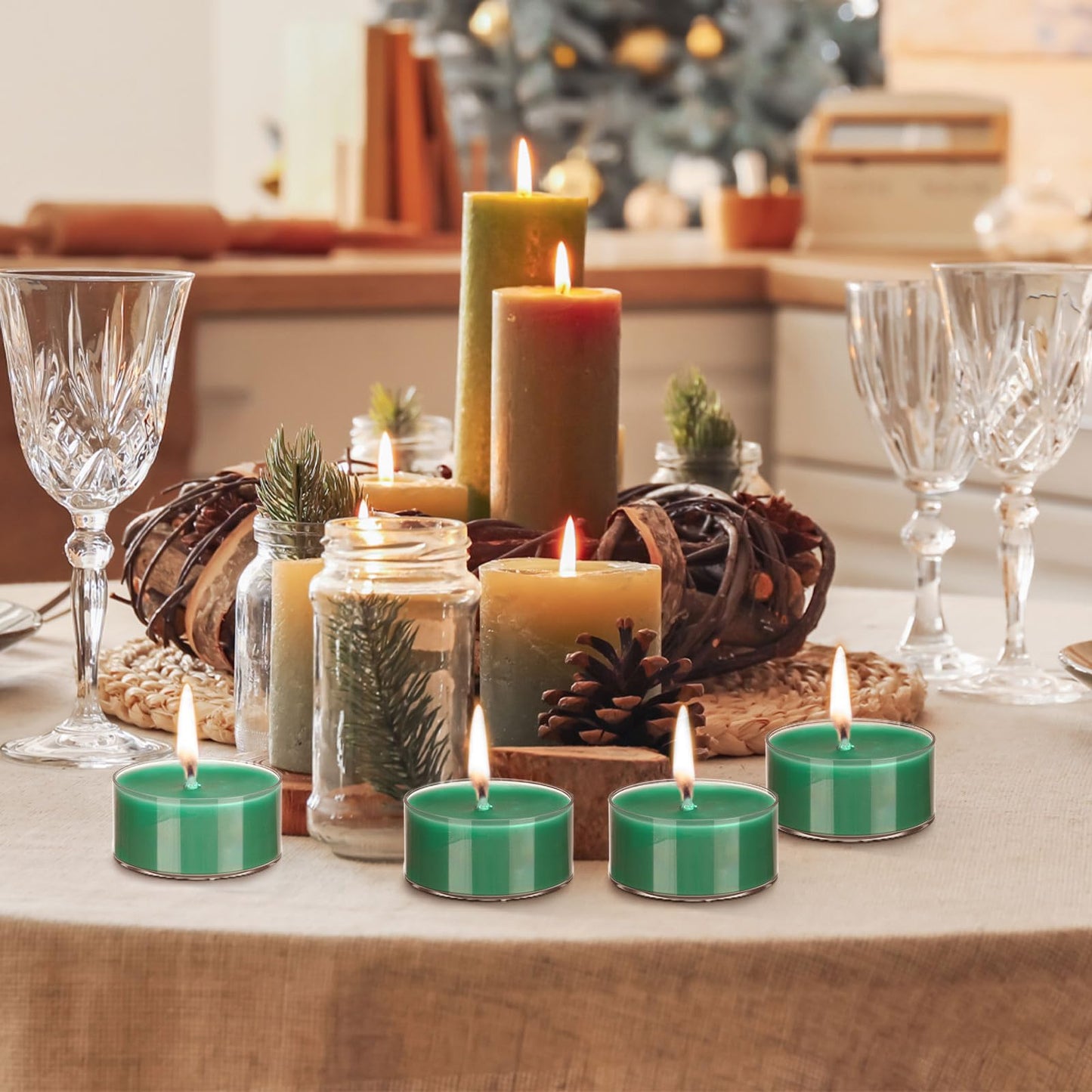 Nuanchu 12 Pcs Bayberry Scented Candle Christmas Green Votive Tealight Beeswax Blend Tealight Wax Green Bayberry Scented Wax Gift Box for Christmas Holiday