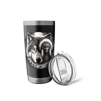 Native American Indian and Wolf Feathers Chief Art Stainless Steel Insulated Tumbler