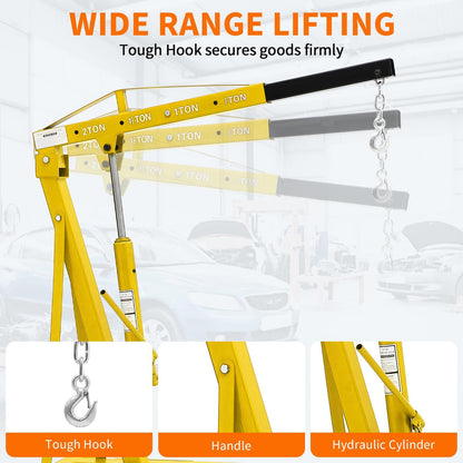 EliteEdge 2-Ton Folding Engine Hoist Cherry Picker 4400 Lb Capacity Hydraulic Shop Crane with Telescoping Boom 6 Caster Wheels for Automotive Repair Garage Use Includes Hitch and Storage Stand Yellow