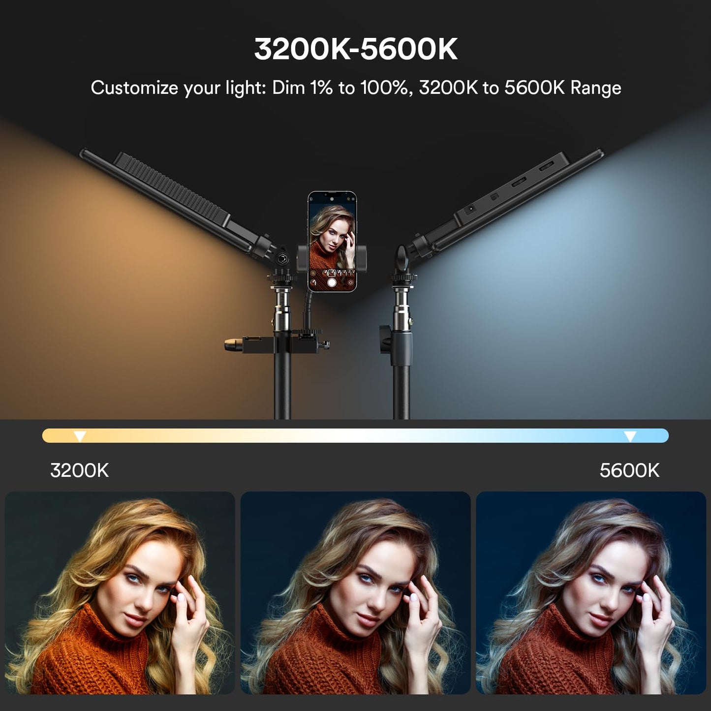 RALENO 13" LED Video Light, 2-Pack Bi Color Photography Lighting Kit with 75" Stand & Phone Clip, CRI 95+ Studio Lights with 8000mAh Built-in Battery for TikTok/YouTube/Live Streaming/Videography