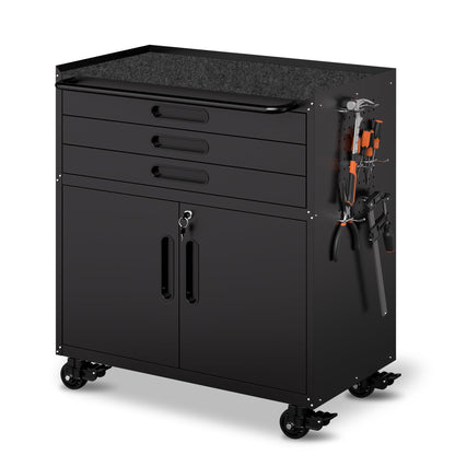 OPTYMIRA Metal Mobile Tool Storage Cabinet with 2 Locking Doors and 3 Drawers,Black Heavy Duty Rolling Tool Cabinets for Garage,Metal Storage Cabinets with Wheels and Pegboard,Assembly Required