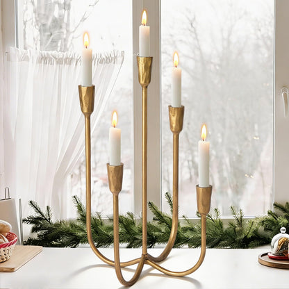 Cast Iron 5-Candle Candelabra Centerpieces for Tables, Gold Candle Holders Wedding Event 17.6 inch Tall Hand-Forged Candlestick Holders for Dining Room, Living Room or Mantel