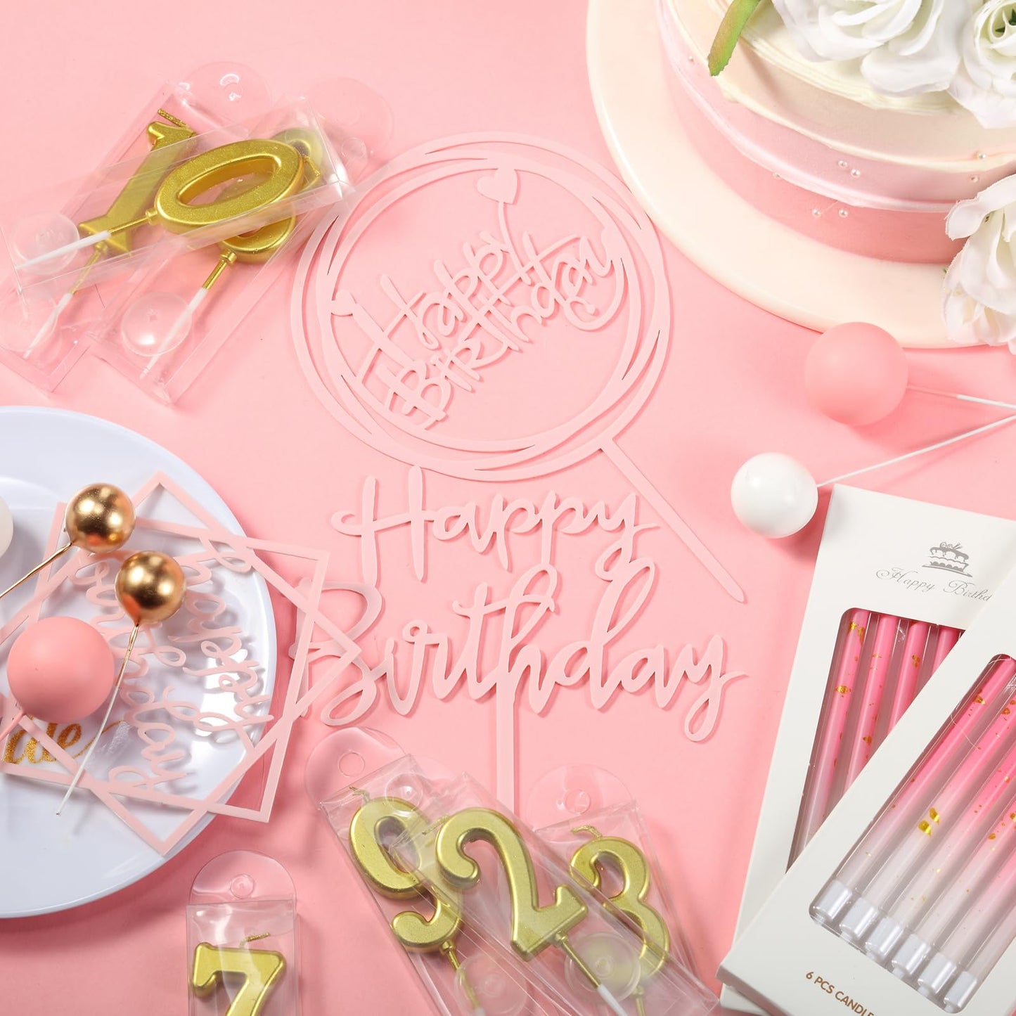 Yerliker 34 Pcs Happy Birthday Cake Toppers Decorations Birthday Candles DIY Cake Decor for Men Women Wedding Anniversary(Pink)