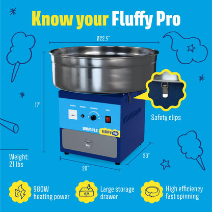 Wumple Cotton Candy Machine Pro Bundle - Commercial Electric Maker with Drawer, Large Stainless Steel Bowl & 3 Flavored Sugars - 70 Cones Included - Perfect for Parties & Business - Blue