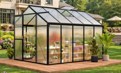 Greenhouse, 6x10 FT Greenhouse for Outdoors, Walk-in Green House with Ground Nails and Vent Windows, Sliding Lockable Door, Polycarbonate Greenhouses for Outside Garden Backyard, Quick Setup, Black