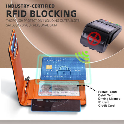 RUNBOX Slim Wallets for Men with RFID Blocking & Minimalist Mens Front Pocket Wallet Leather Black&inner Orange