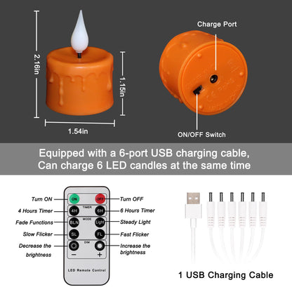 FREEPOWER Orange Halloween Candles,Rechargeable Flameless Candles with Remote Timer, Soft 3D Wick LED Tealights Candle, Rechargeable Candles Flickering Realistic for Halloween Decorations,Set of 6