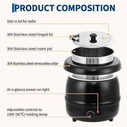 13.7 Quarts Commercial Soup Kettle, Large Capacity Soup Warmer with Stainless Steel Removable Insert Pot, Hinged Lid & Stable Base, Automatic Food Warmer for Buffet, Party, Catering, Restaurant