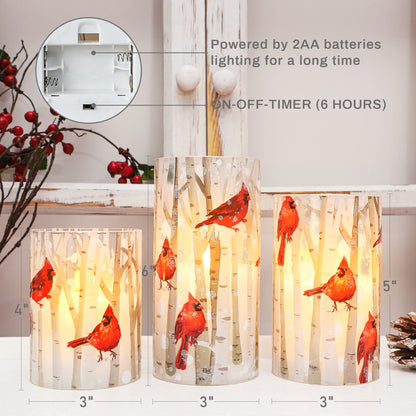 Crystal Club Flameless Candles, Cardinal Theme, (Set of 3) Battery Operated LED Candles with Remote, Real Wax & Glass Effect Candle with Timer for Christmas Home Festival Décor