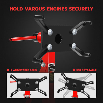 DNA Motoring Foldable 360 Degree Rotating Head Engine Motor Stand 2000Lb Capacity with 6-Casters, 4 Adjustable Arms, Red, TOOLS-00325