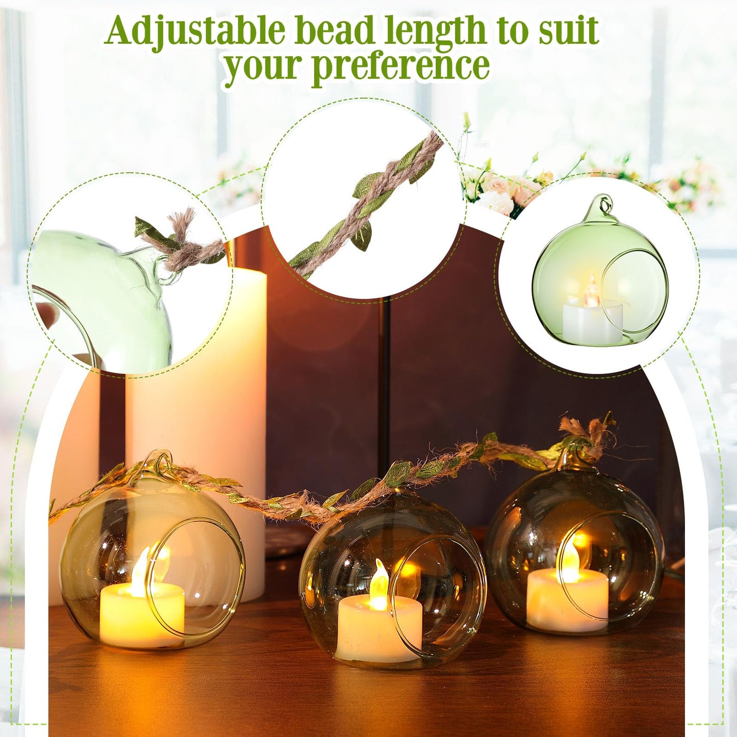 GlikCeil 26 Pcs 3.15'' Hanging Glass Candle Holder with Burlap Leaf Ribbon, Glass Orbs Air Plants Tea Light Candle Holders, Globe Plant Terrariums for Decor Indoor Outdoor Garden DIY (Green)