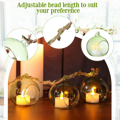 GlikCeil 26 Pcs 3.15'' Hanging Glass Candle Holder with Burlap Leaf Ribbon, Glass Orbs Air Plants Tea Light Candle Holders, Globe Plant Terrariums for Decor Indoor Outdoor Garden DIY (Green)