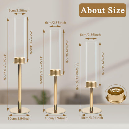 QTRQTR 3 PCS Gold Hurricane Candle Holders Fluted Glass Candlestick Holder