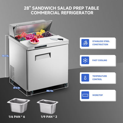 GAOMON Commercial Refrigerator, 28" Sandwich & Salad Prep Table, 7.42 Cu. Ft Stainless Steel Refrigerated Food Prep Station with 8 Pans, Cut Board, 1 Door Worktop Fridge with lock for Restaurant