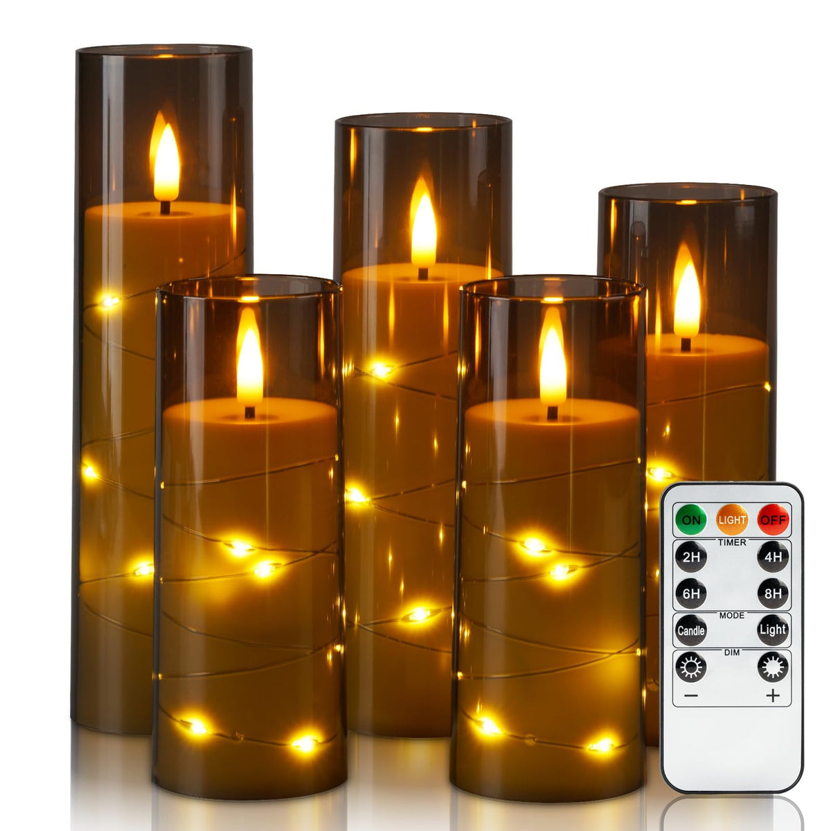 Homemory Flameless Candles with Star String Fairy Lights, Battery Operated Candles, LED Candle, Fake Candles with Remote Control and Timer, Modern Home Decor, Grey, Set of 5