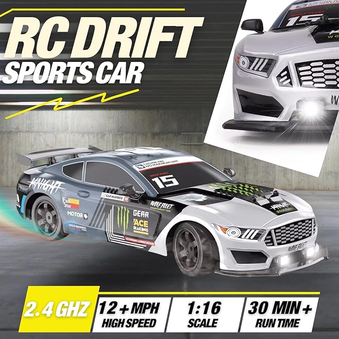 Liberty Imports RC Drift Car 1/16 2.4GHz 4WD Remote Control Sport Racing On-Road Vehicle with LED Light Batteries and Drift Tires (Silver)