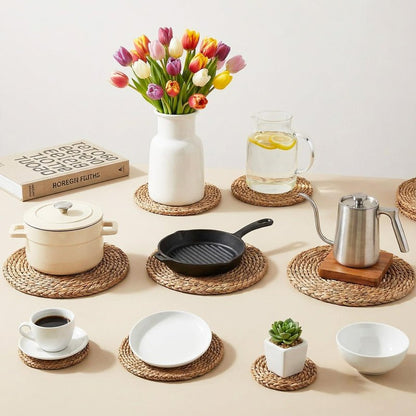 12 Pcs Round Straw Woven Coasters and Trivets Set, 4" Absorbent Drink Coasters, 7" 10" Heat Resistant Trivets for Hot Dishes Boho Farmhouse Table Mat for Bowl, Pan, Kitchen Dining Decor Party Supplies