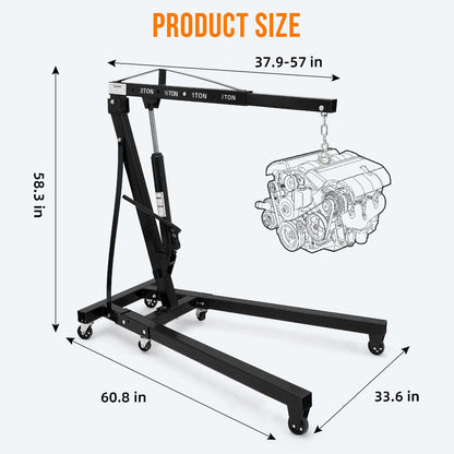 Hydraulic Engine Hoist 2 Ton, Cherry Picker Shop Crane with 6 Casters and Telescopic Boom, 4400 Lbs Heavy Duty Engine Hoist Crane Lift for Garage, Workshop, Automotive Repair, Black