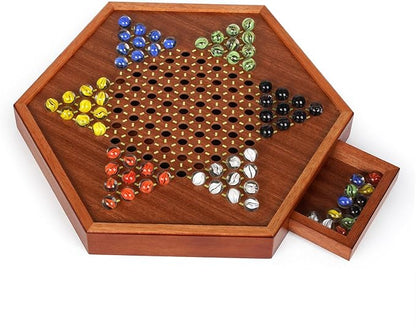 15-Inch Wooden Chinese Checkers Board Game Set – Classic Strategy Game with 72 Glass Marbles Dual-Sided Storage Drawer Family Board Games for Adults Educational Travel and Indoor Game