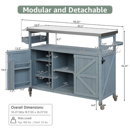 50.25" Outdoor Kitchen Island with Wheels for Food Prep, Strage, Bar, Rolling Outdoor Grill Table for Outside, Outside Cooking Table, Grill Carts, Cooking Station, Modular, Solid Wood, Grey Blue
