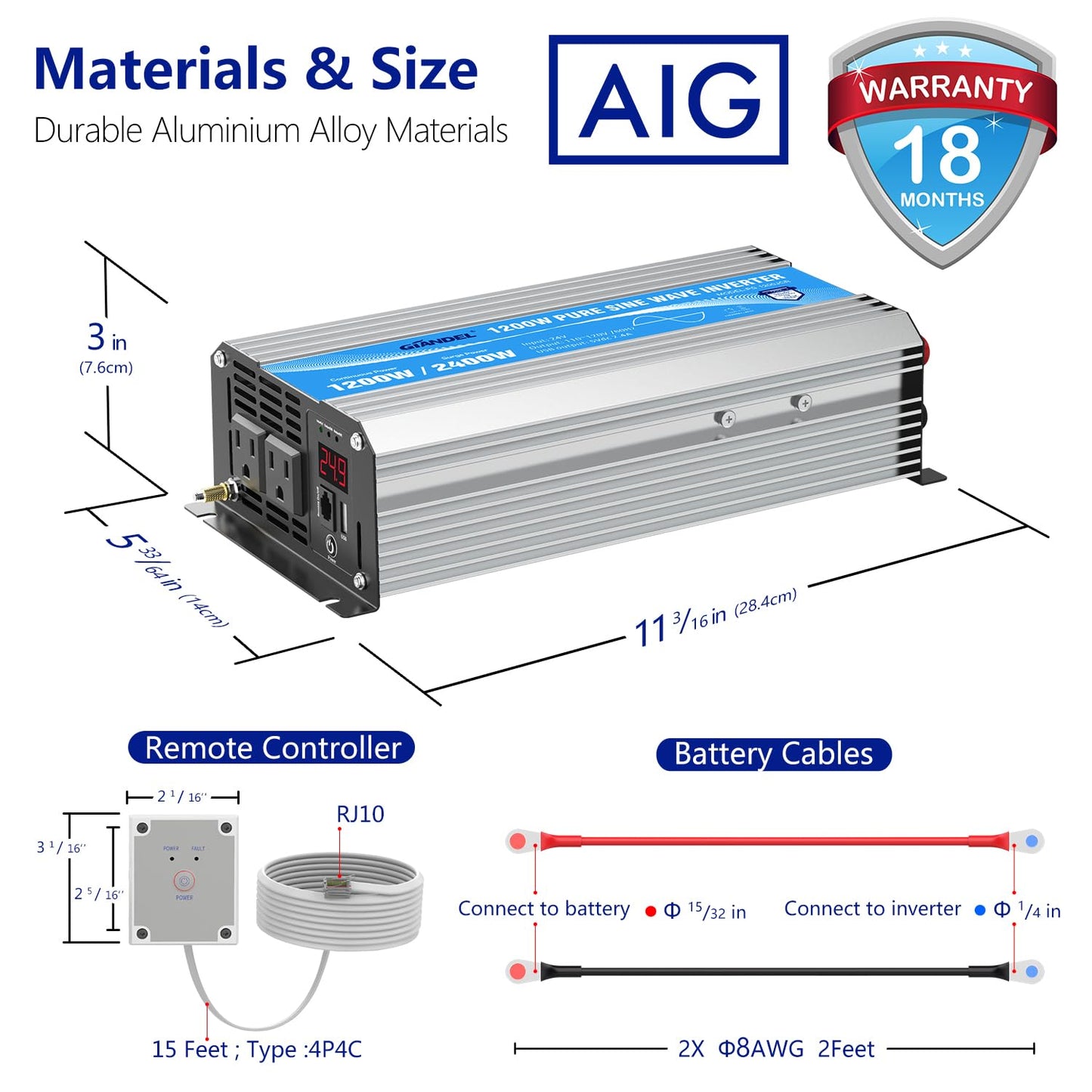 24V Pure Sine Wave Power Inverter 1200W 24V DC to120V AC UL Fuses Lithium Battery Compatible with Remote Controller and LED Display Dual AC Outlets for RVs Solar Off-Grid System Emergency by GIANDEL