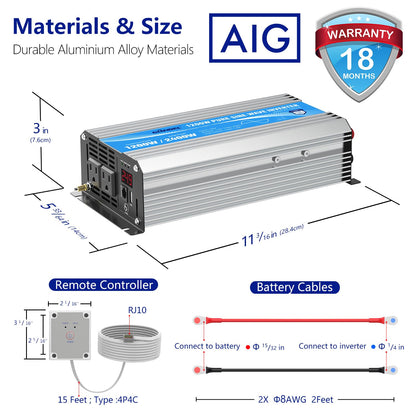 24V Pure Sine Wave Power Inverter 1200W 24V DC to120V AC UL Fuses Lithium Battery Compatible with Remote Controller and LED Display Dual AC Outlets for RVs Solar Off-Grid System Emergency by GIANDEL