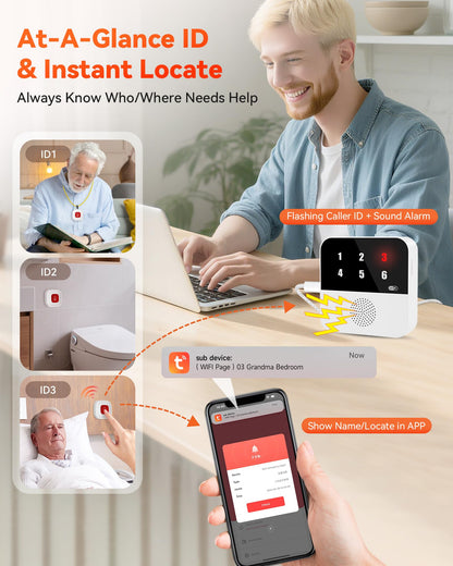 PILSAMSA WiFi Caregiver Pager Wireless Call Button with Flashing Caller ID & App Alerts, 3 Waterproof Panic Button, Medical Alert Systems for Seniors No Monthly Fee, Alert Button for Seniors at Home