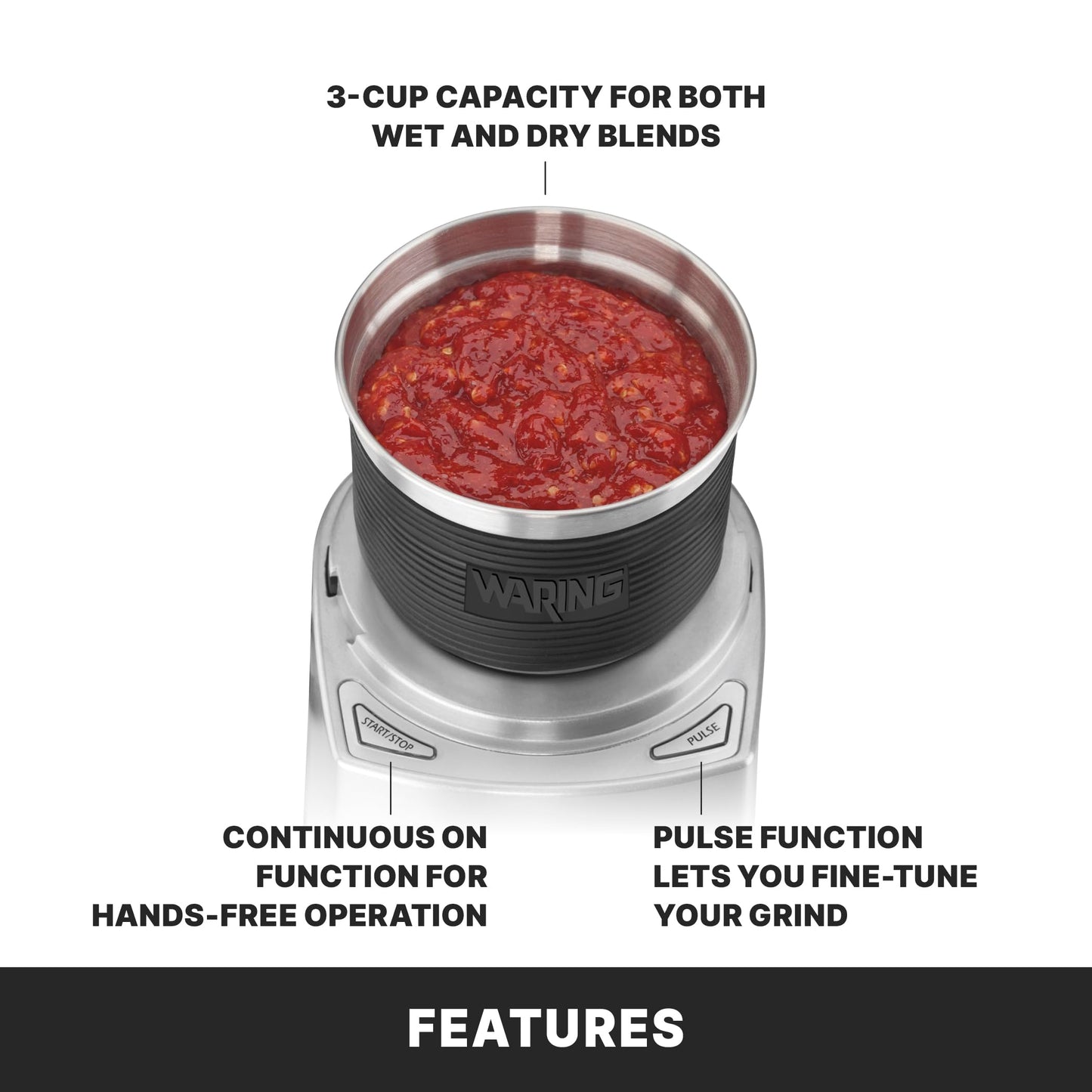 Waring Commercial Electric Spice Grinder, 3-Cup Capacity, Stainless Steel Blades, Dry & Wet, Spices, Pastes, Sauces, Whipped Cream, Herb blends, WSG60